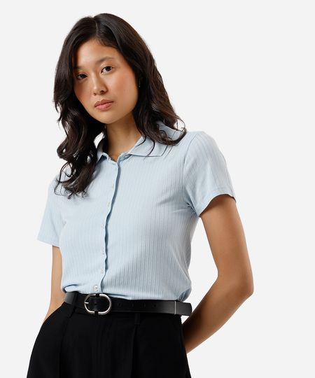 camisa feminina de viscose manga curta canelada azul M camisa feminina de viscose manga curta canelada azul M