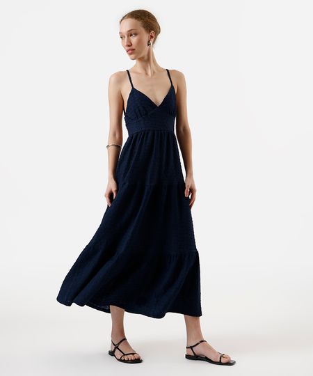 vestido midi alça fina feminino de laise com recortes azul GG