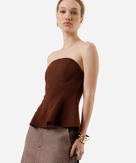 blusa peplum feminina sem alça texturizada marrom PP