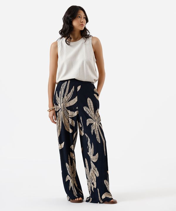 calça wide leg feminina texturizada folhagens azul M