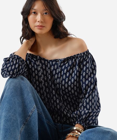 bata feminina de viscose ombro a ombro folhagens azul PP