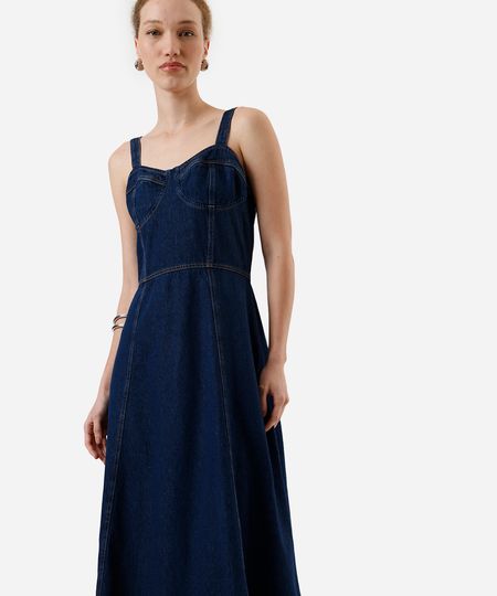 vestido midi alça fina feminino jeans decote coração azul PP vestido midi alça fina feminino jeans decote coração azul PP
