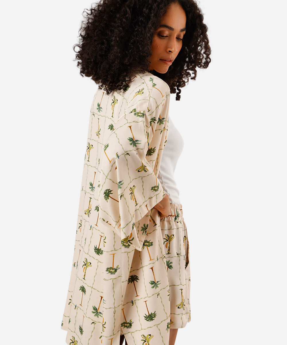kimono feminino de viscose folhagens bege