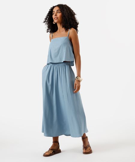 saia midi feminina com linho e cós elástico azul M saia midi feminina com linho e cós elástico azul M