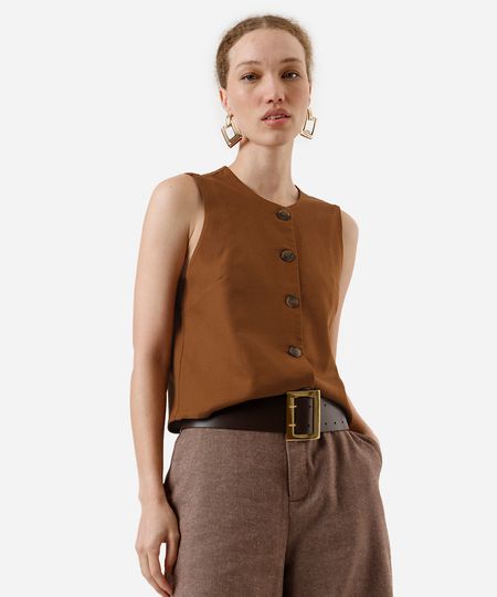 colete feminino com linho decote redondo marrom PP colete feminino com linho decote redondo marrom PP