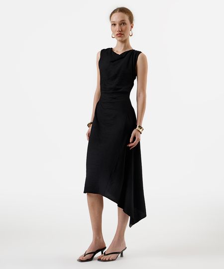 vestido midi feminino com viscose e franzidos decote degagê preto P vestido midi feminino com viscose e franzidos decote degagê preto P