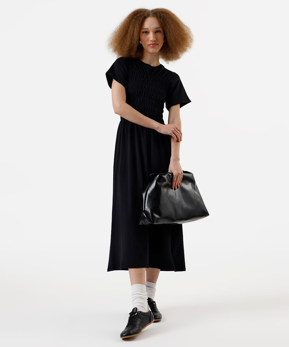 vestido midi feminino de algodão franzido preto