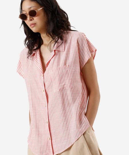 camisa feminina com viscose e bolso listrada vermelha PP