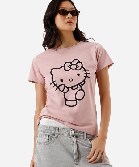 camiseta feminina de algodão hello kitty texturizada rosa M