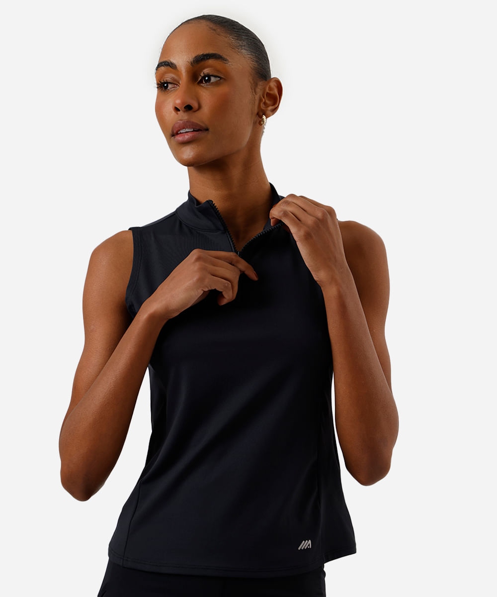 regata feminina esportiva ace de poliamida com zíper e refletivo preta