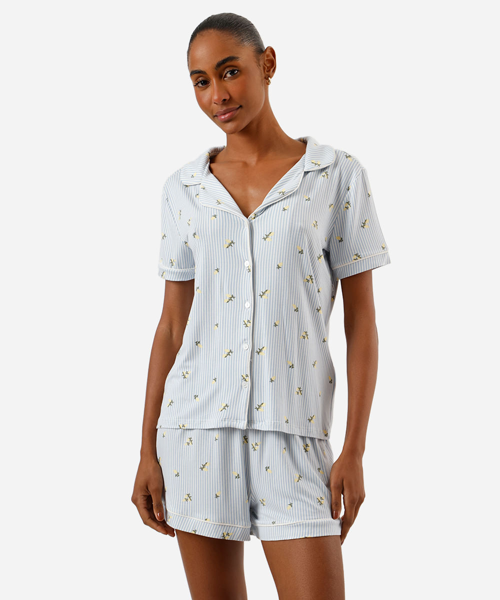 pijama americano feminino de viscose listrado floral azul