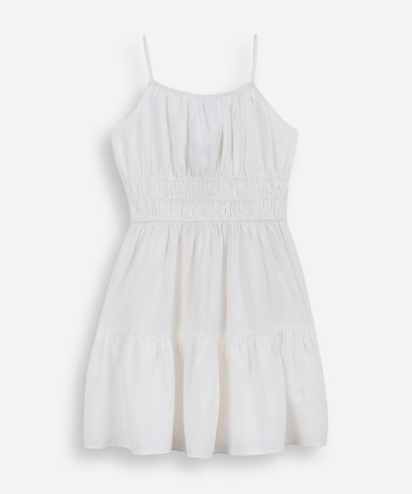 vestido curto juvenil alça fina com linho e recorte off white 16