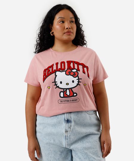 camiseta feminina de algodão hello kitty plus size rosa GG4 camiseta feminina de algodão hello kitty plus size rosa GG4
