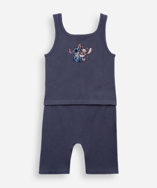 conjunto curto infantil canelado stitch e angel cinza 4