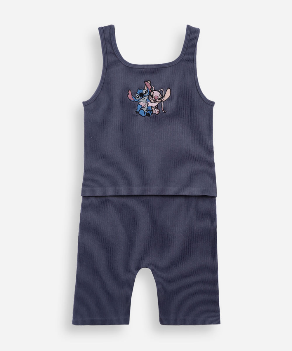 conjunto curto infantil canelado stitch e angel cinza
