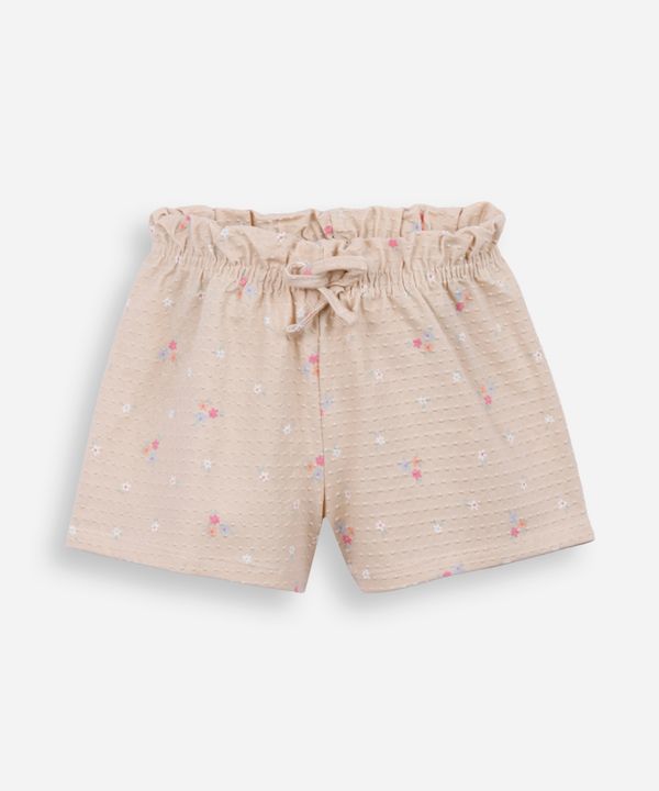 short infantil de algodão floral texturizado bege 2