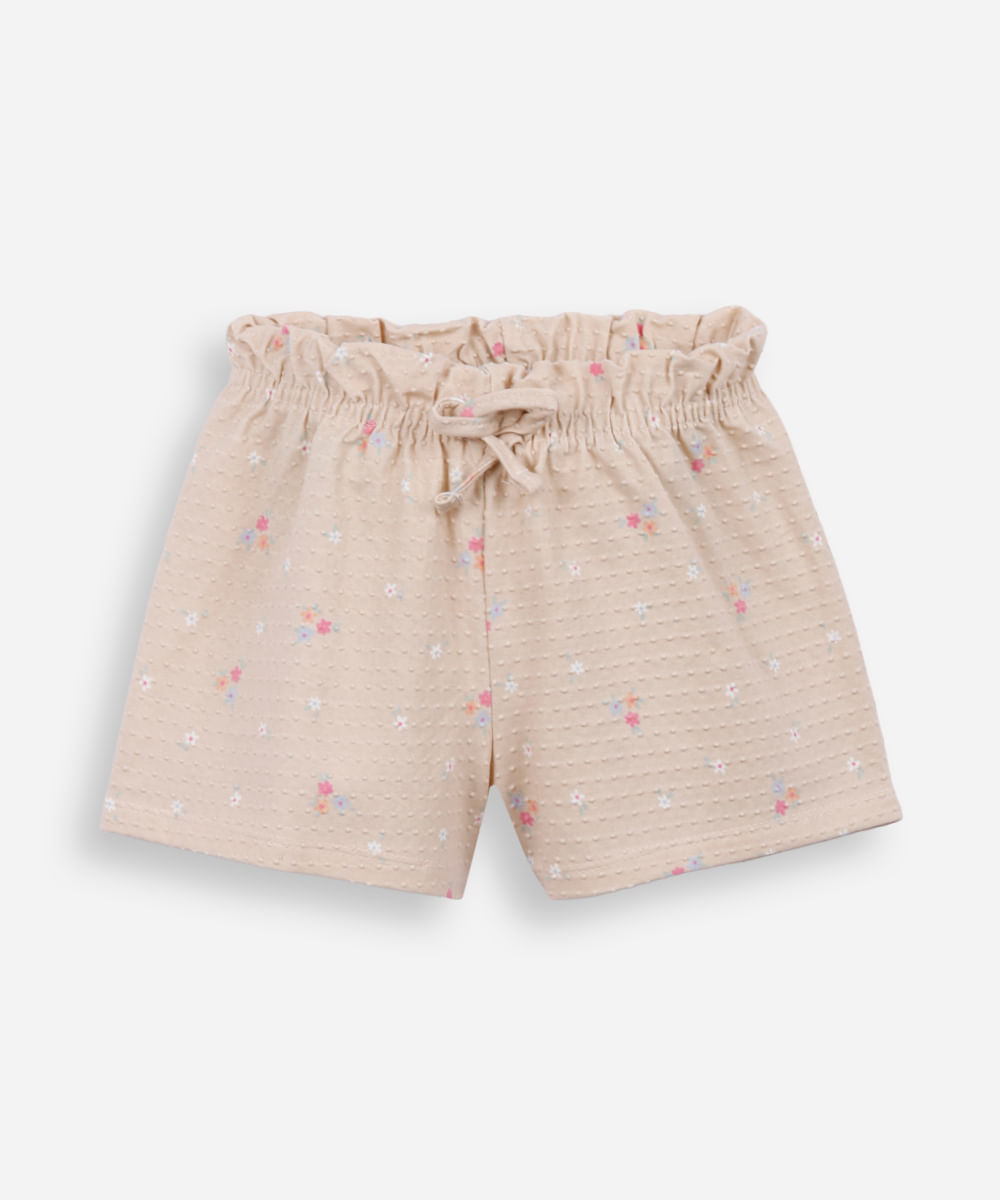 short infantil de algodão floral texturizado bege