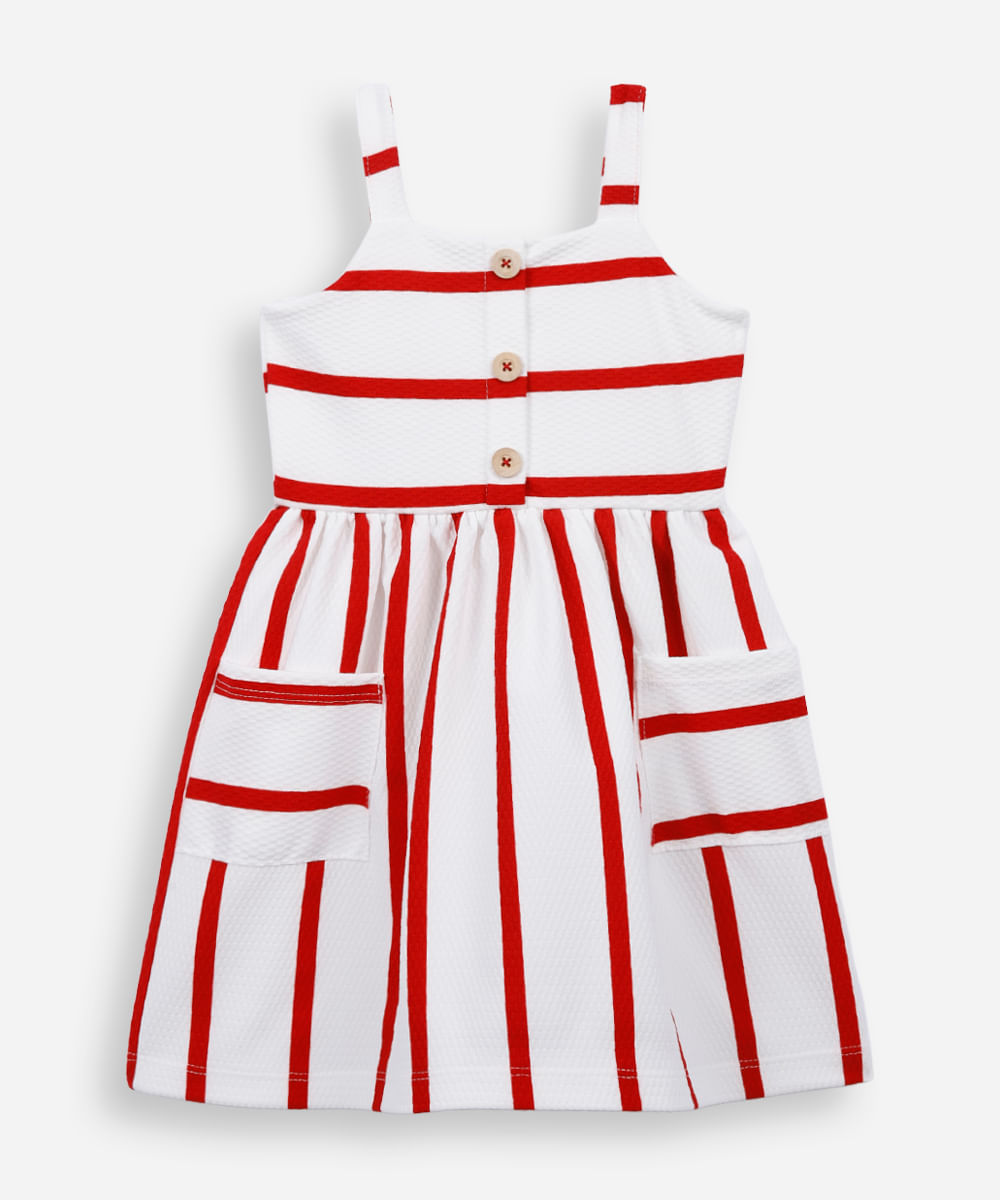 vestido infantil de algodão texturizado listrado vermelho