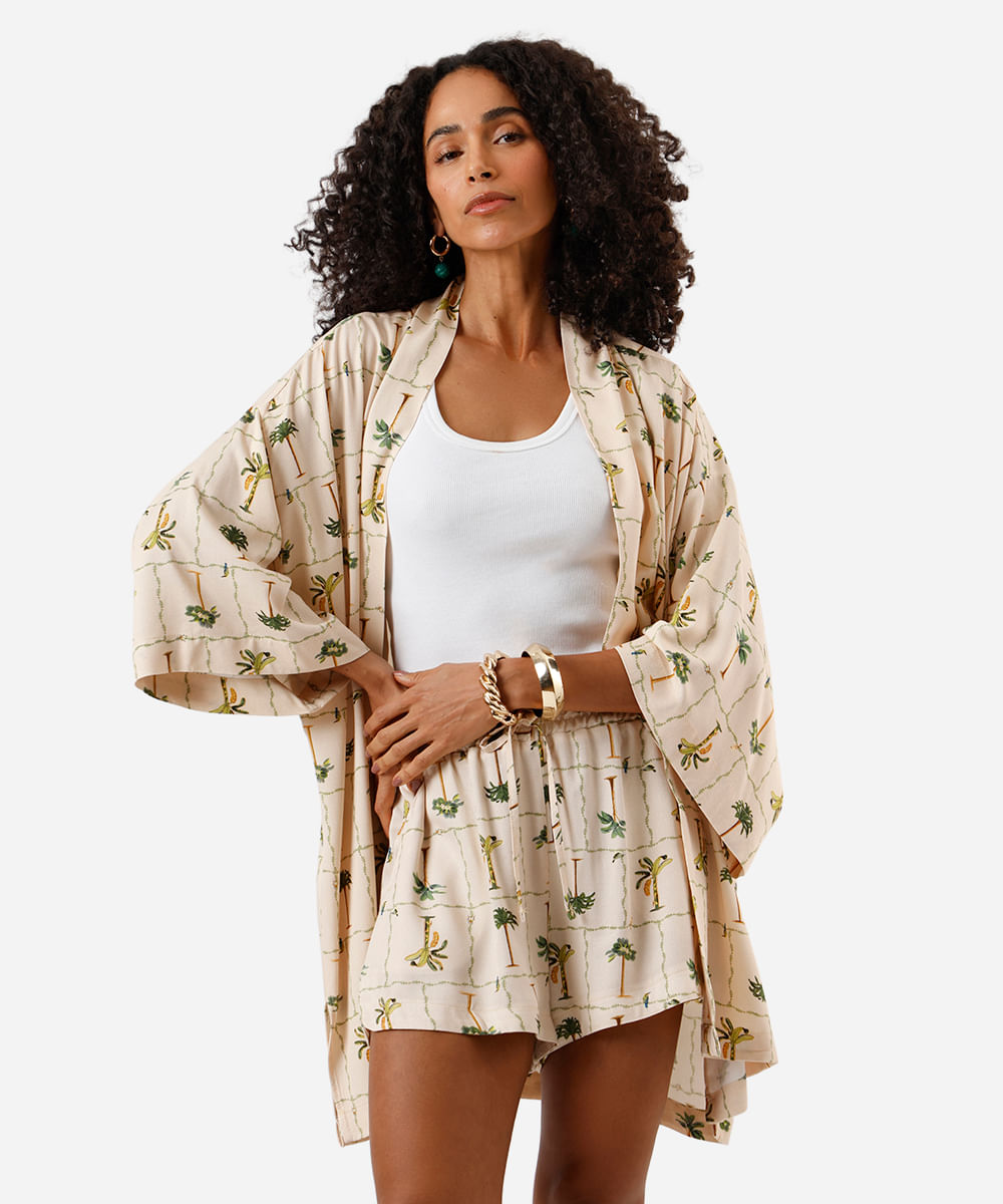 short feminino de viscose folhagens bege