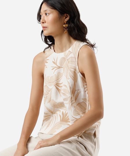 regata feminina com linho folhagens bege P regata feminina com linho folhagens bege P