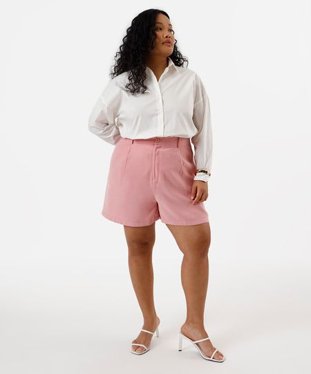 short feminino de alfaiataria com pregas plus size rosa 52 short feminino de alfaiataria com pregas plus size rosa 52