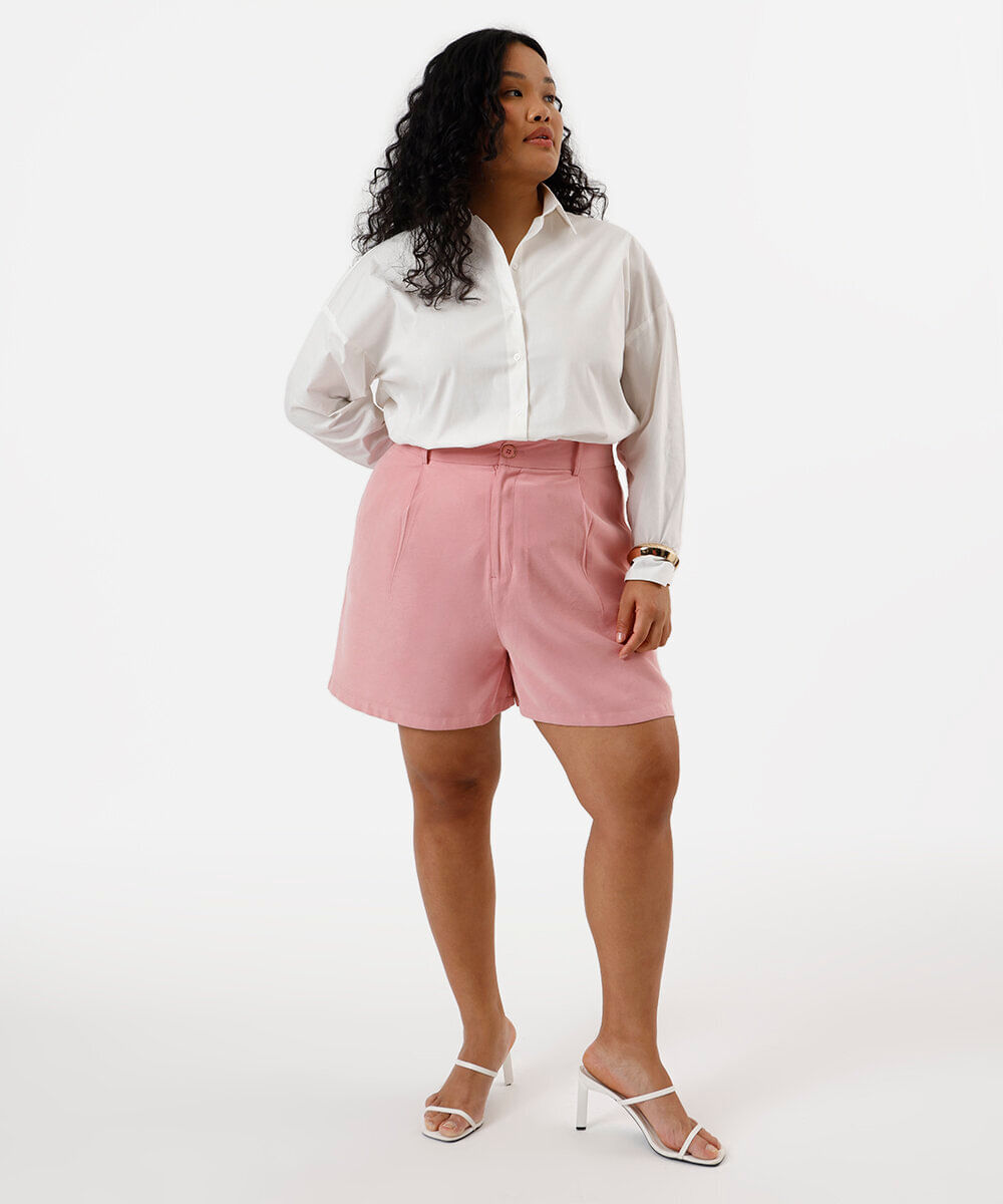 short feminino de alfaiataria com pregas plus size rosa