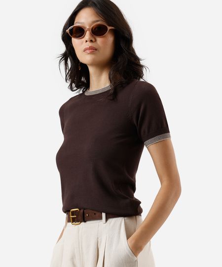 blusa feminina de tricot manga curta marrom PP blusa feminina de tricot manga curta marrom PP