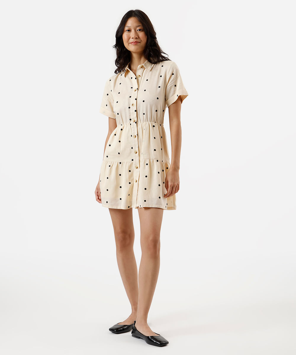 vestido curto chemise feminino com linho e recortes poá bege