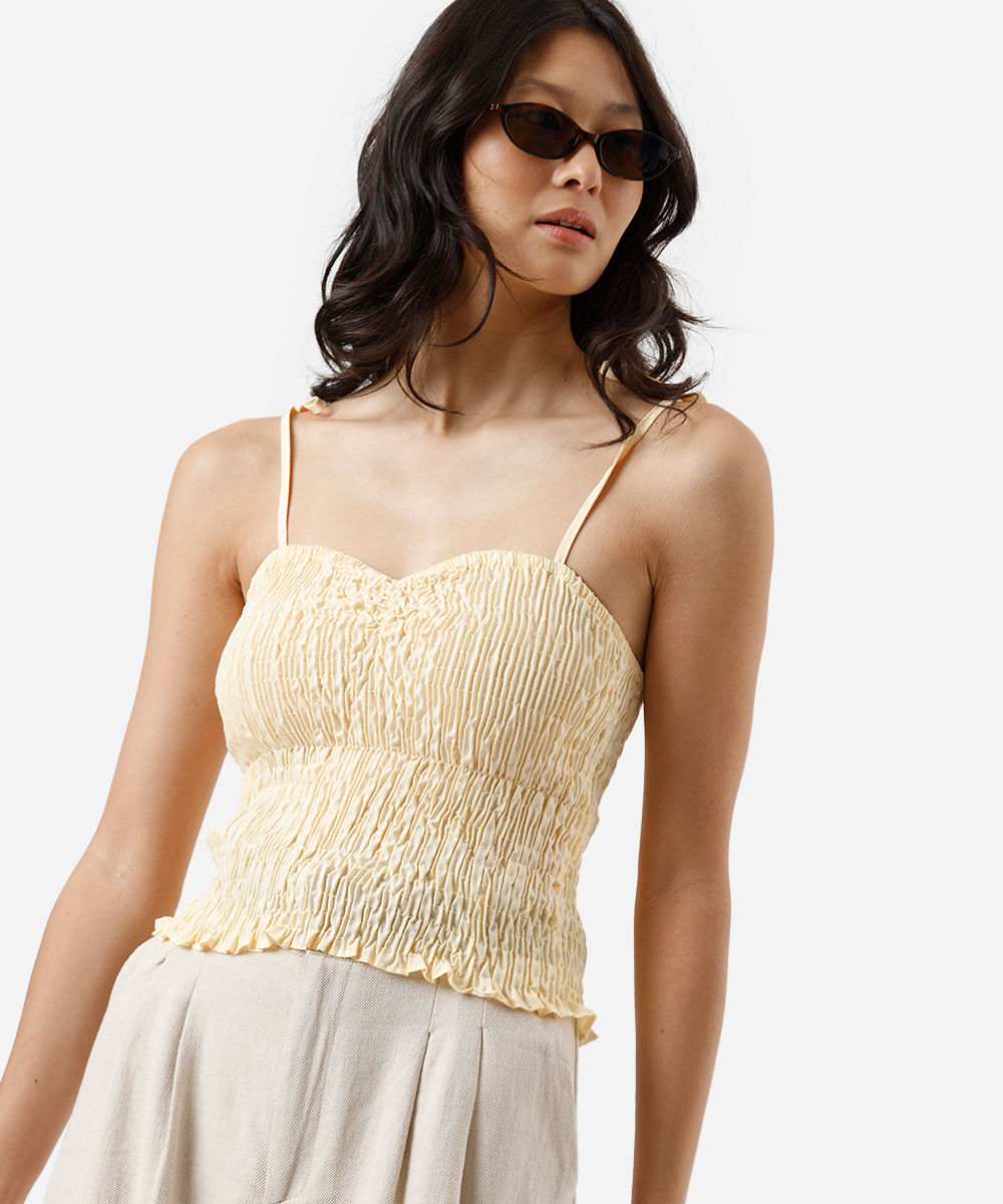 blusa alça fina feminina decote coração franzida amarela