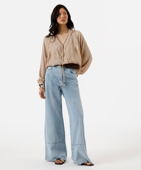 calça wide leg feminina jeans com recorte e barra a fio sawary azul 36 calça wide leg feminina jeans com recorte e barra a fio sawary azul 36