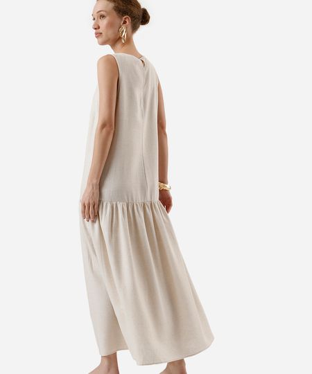 vestido midi feminino com linho e recorte bege G vestido midi feminino com linho e recorte bege G