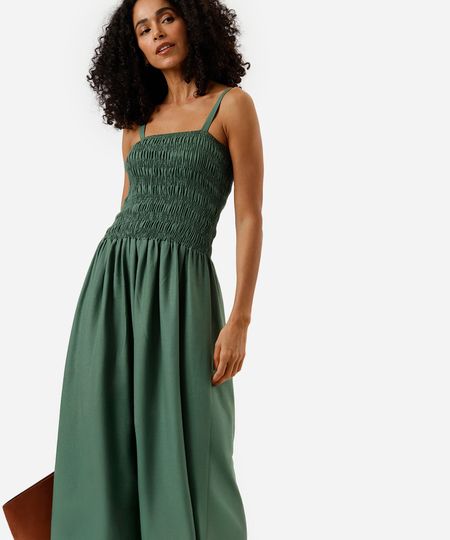 vestido midi alça fina feminino com linho franzido verde PP