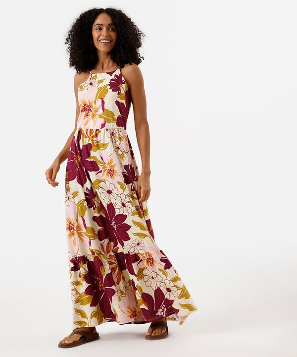vestido longo alça fina feminino de algodão com recorte floral colorido PP