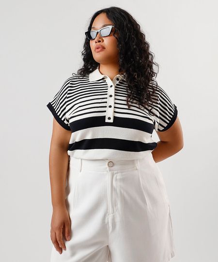 polo feminina de tricot listrada mindset plus size preta GG4 polo feminina de tricot listrada mindset plus size preta GG4
