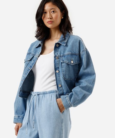 jaqueta jeans feminina manga longa azul GG