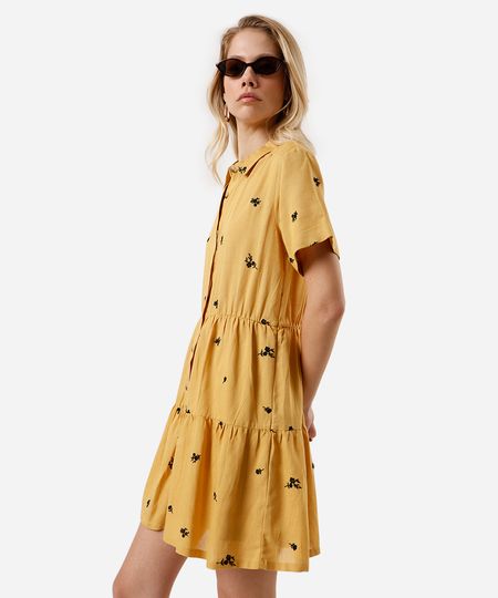 vestido curto chemise bordado floral preto - amarelo medio M