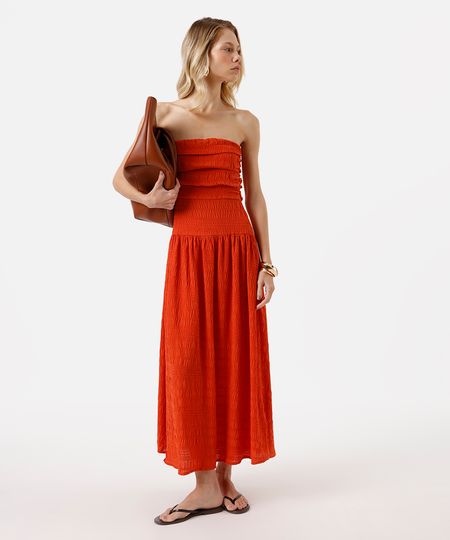 vestido midi sem alça feminino com pregas texturizado laranja P