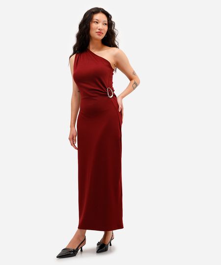 vestido midi ombro único feminino com franzido vinho PP vestido midi ombro único feminino com franzido vinho PP