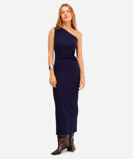 vestido midi ombro único feminino com franzido azul M