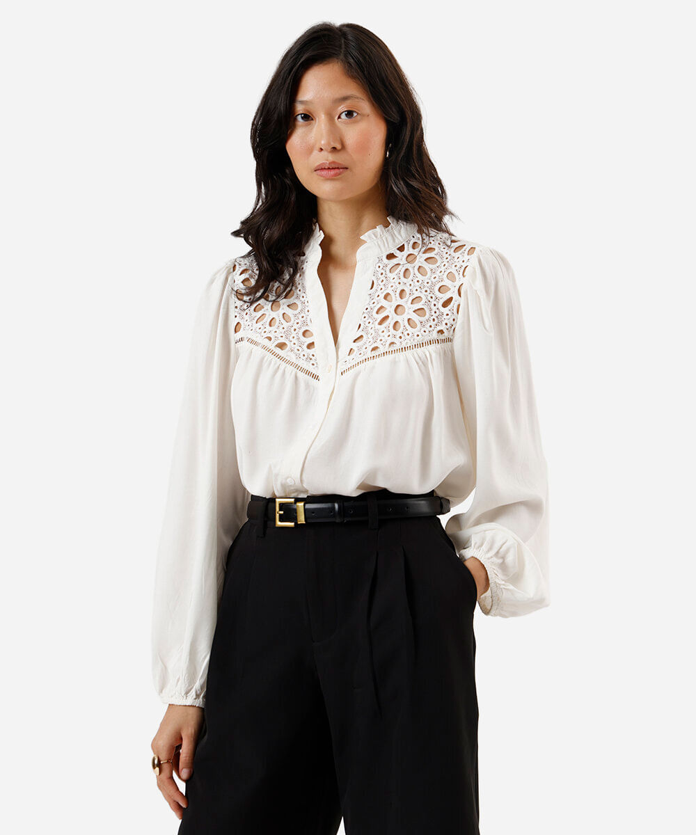 camisa feminina de viscose com recorte manga longa off white