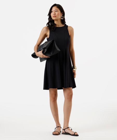 vestido curto evasê feminino decote redondo com recortes preto PP