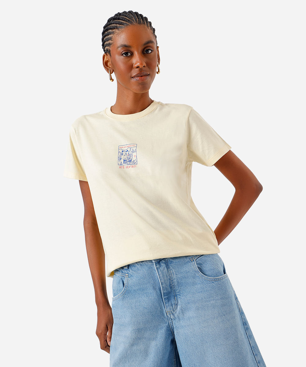 camiseta feminina de algodão estampada amarela