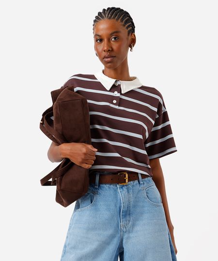 polo boxer feminina com viscose listrada marrom PP polo boxer feminina com viscose listrada marrom PP