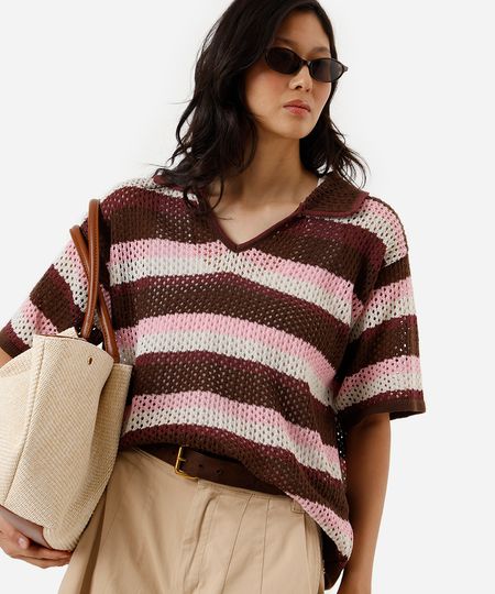 polo feminina de tricot listrada colorida M polo feminina de tricot listrada colorida M
