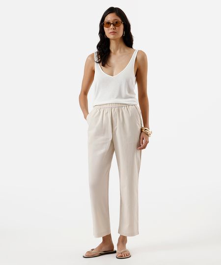 calça reta básica feminina de algodão bege P calça reta básica feminina de algodão bege P