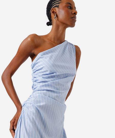 vestido midi feminino ombro único franzido listrado azul P