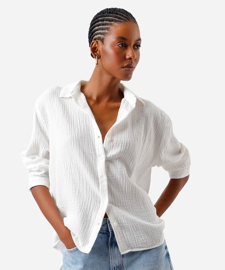 camisa feminina de algodão texturizada off white PP camisa feminina de algodão texturizada off white PP