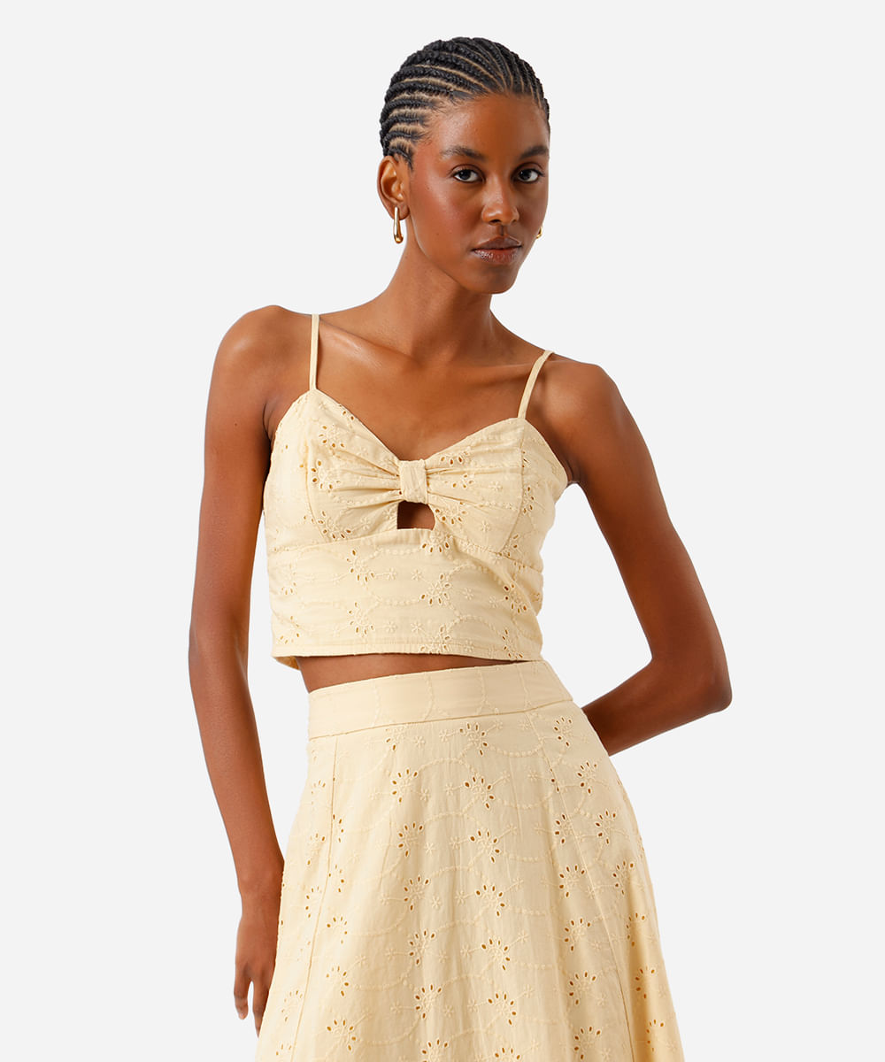 cropped feminino de laise alça fina com recorte amarelo