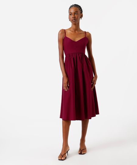 vestido midi alça fina feminino com algodão decote coração vinho G vestido midi alça fina feminino com algodão decote coração vinho G