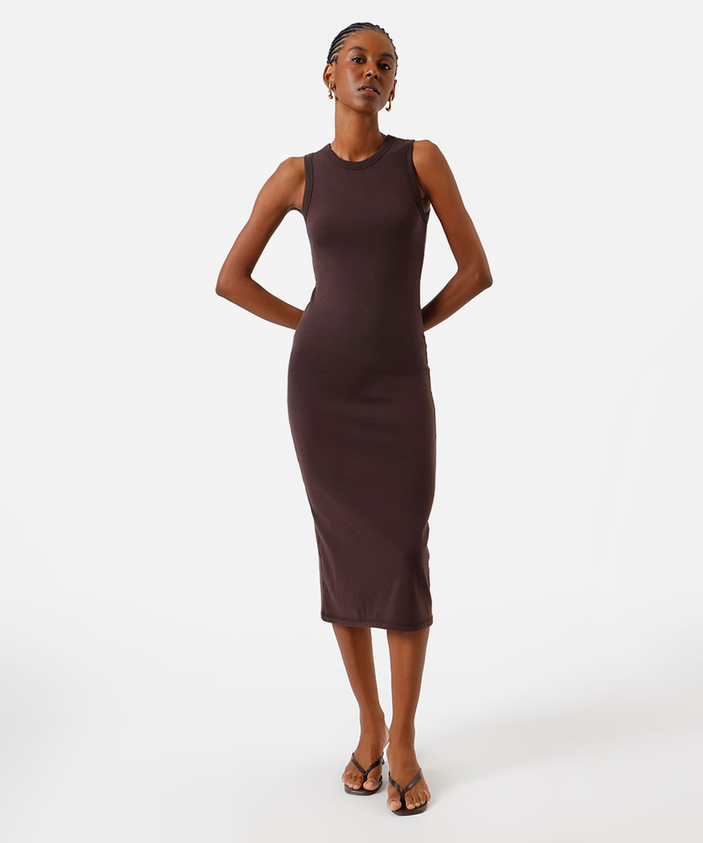 vestido midi básico feminino de algodão marrom